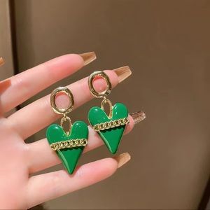 Green Heart Drop Earrings Heart Dangling Earrings